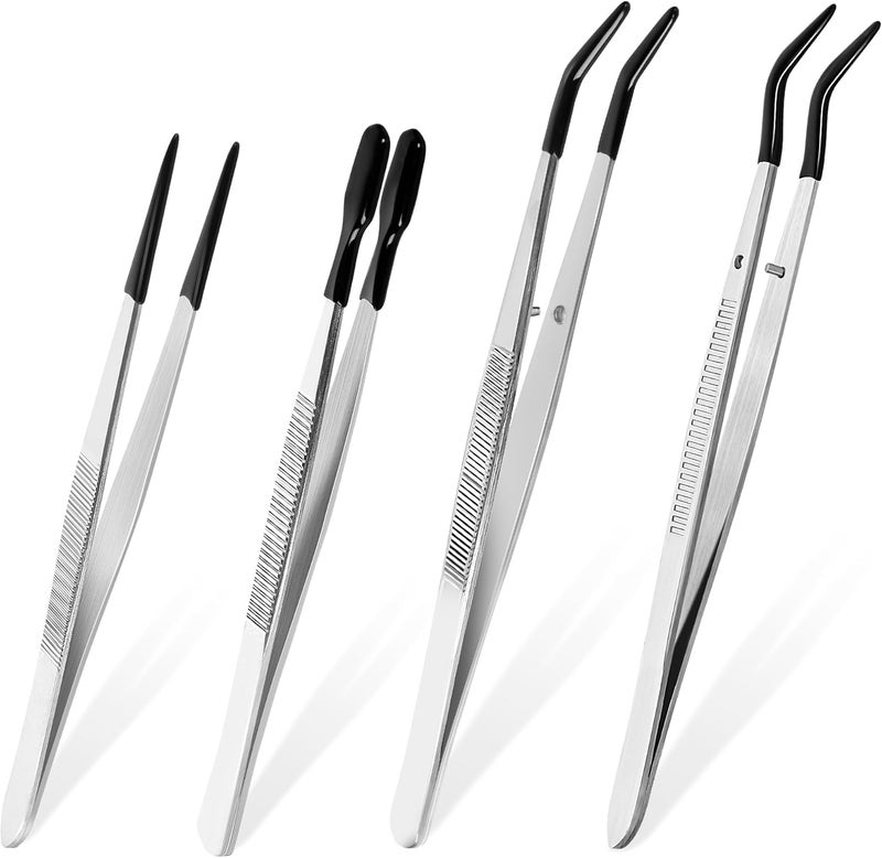 CKKAPTURE 4 Pcs Tweezers with Rubber Tips Set - PVC Coated Precision Tweezers for Crafting, Jewelry, Electronics, and Lab Work - Image 1